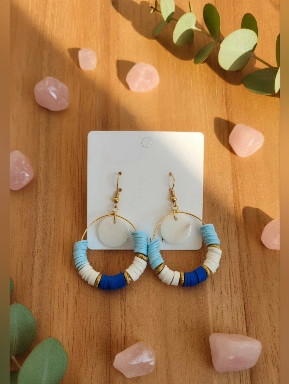 Boho Blue & White Heishi Disc Bead Hoop Earrings